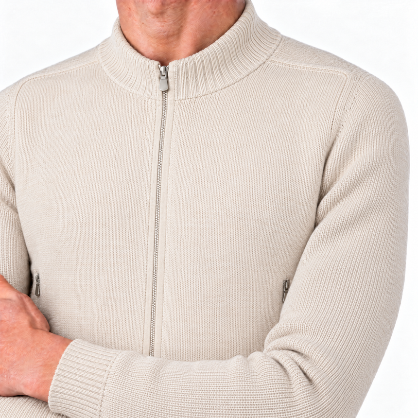 Gran Sasso Super Geelong Wool and Cashmere Full-Zip Cardigan in Beige