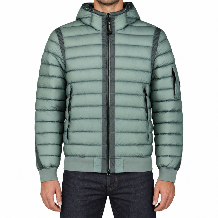 CP Company D.D. Shell Down Hooded Lens Jacket in Silver Blue