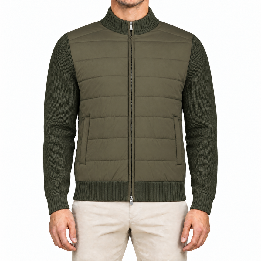 Gran Sasso Quilted Panel Cardigan in Khaki Green