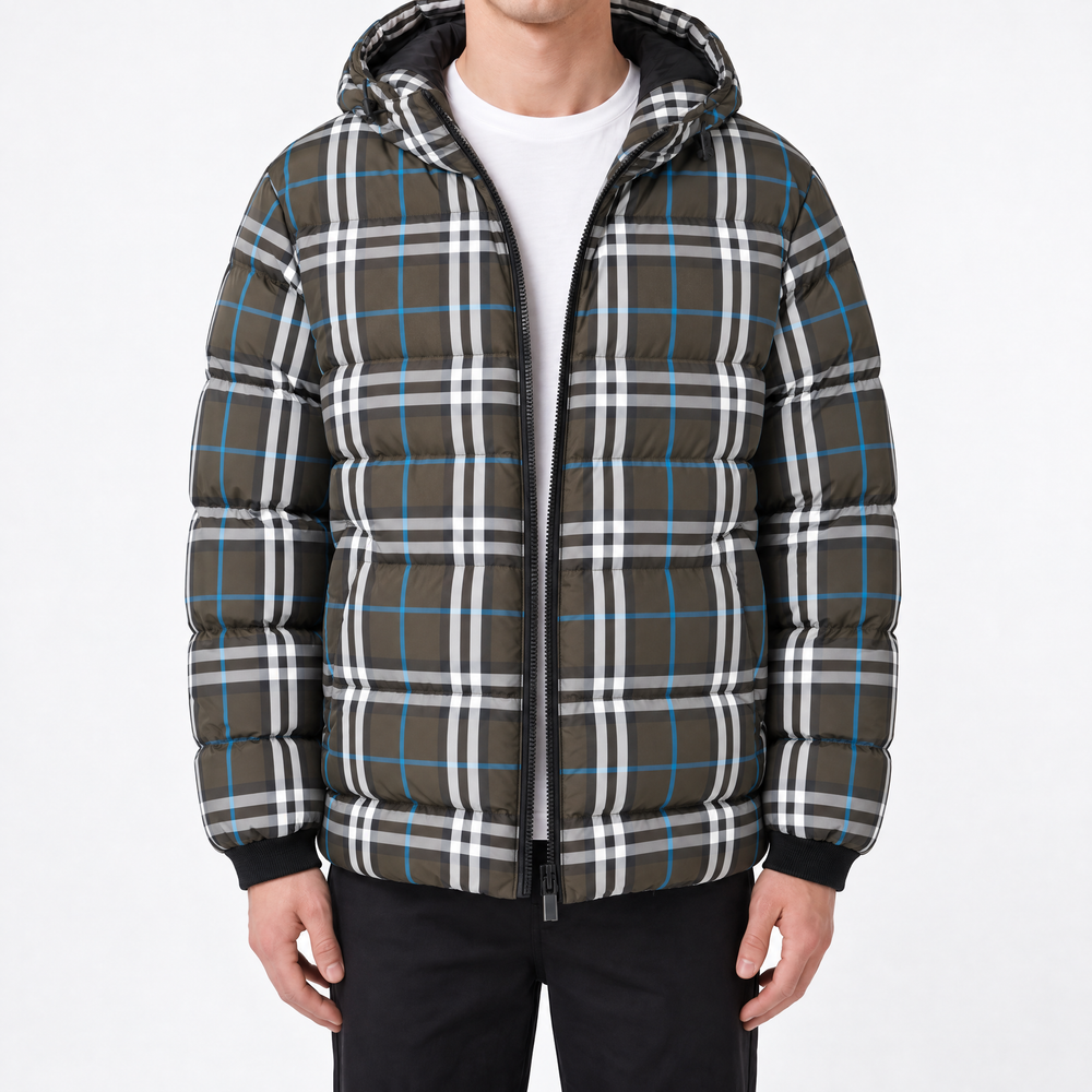 Burberry Broadwell Check Down Hooded Puffer Jacket in Brown