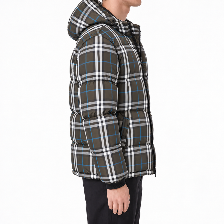 Burberry Broadwell Check Down Hooded Puffer Jacket in Brown
