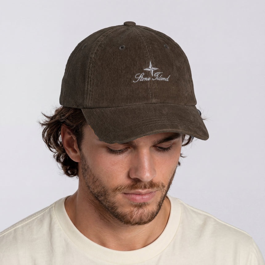 Stone Island Logo Corduroy Cap in Brown