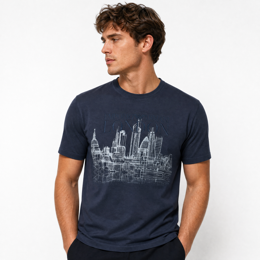 Armani London Skyline Graphic T-Shirt in Graphite Blue