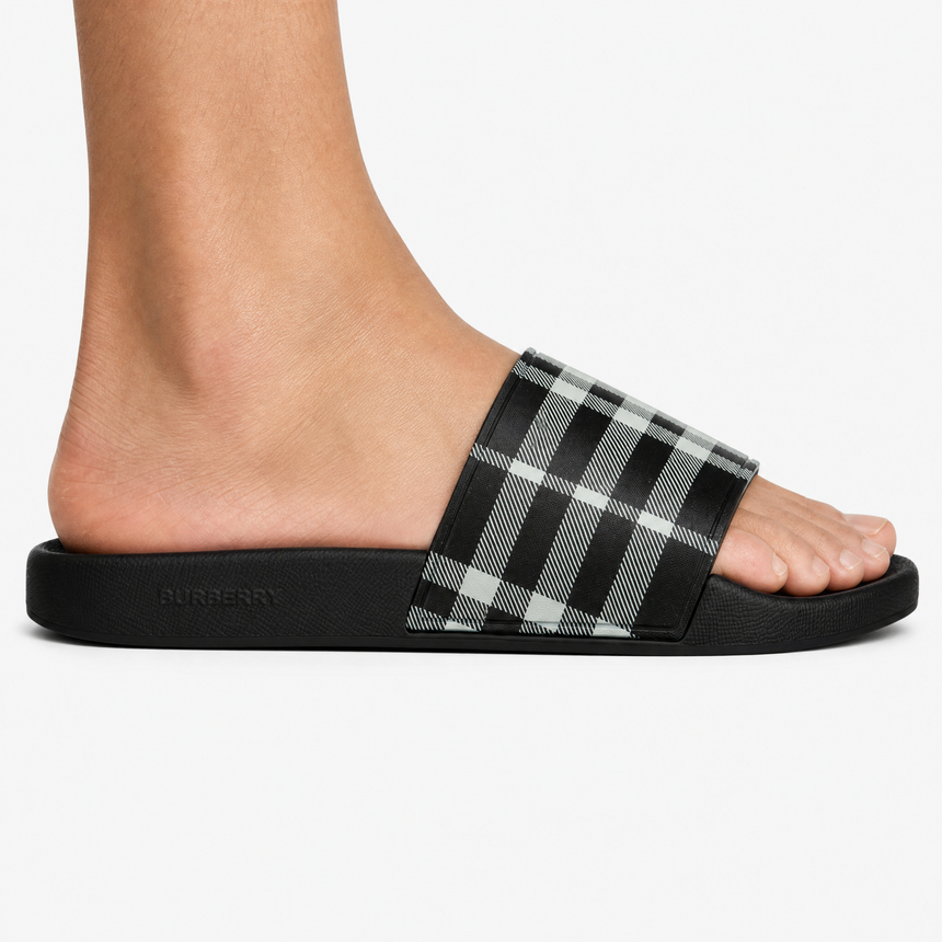 Burberry Furley Check Canvas Sliders Black & White