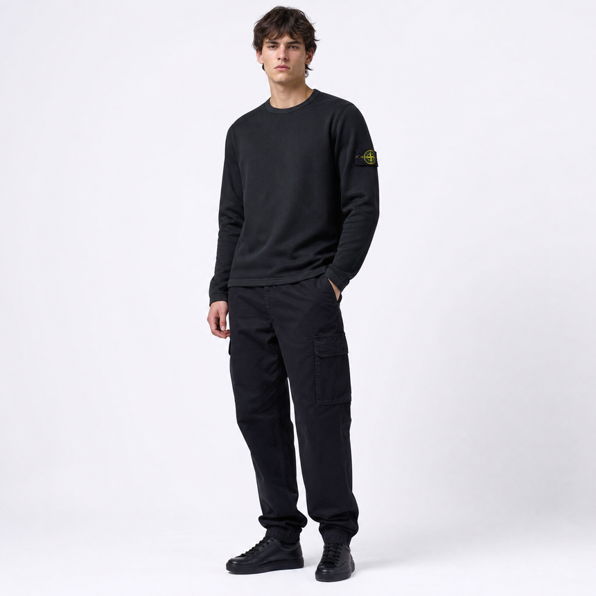 Stone Island Mesh Stitch Organic Cotton Fleece Crewneck Sweatshirt in Black