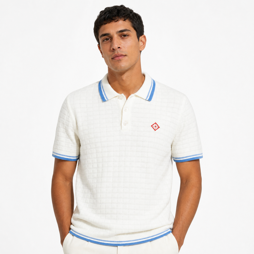 Casablanca Cotton-Blend Bouclé Waffle-Knit Polo Shirt in White
