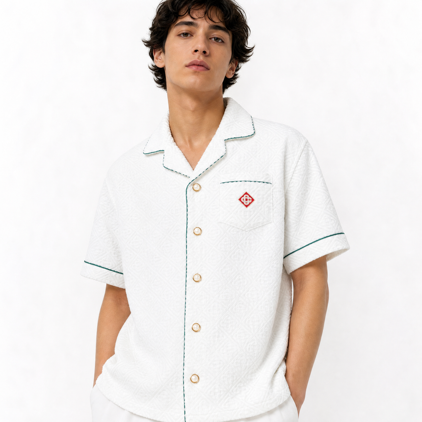 Casablanca White Towelling Monogram Short Sleeve Shirt with Green Piping