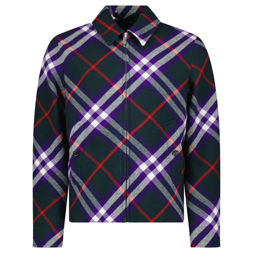 Burberry Claydon Check Wool Jacket in Dark Green and Purple Check