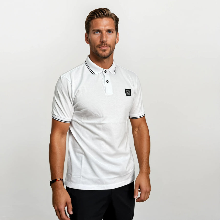 Stone Island Stripe Collar Polo T-Shirt Slim Fit White
