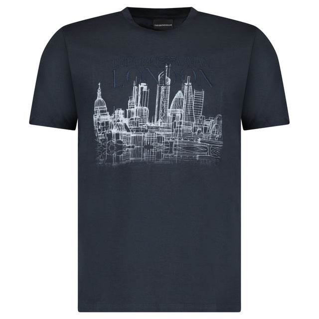 Armani London Skyline Graphic T-Shirt in Graphite Blue - Boinclo - Outlet Sale Under Retail