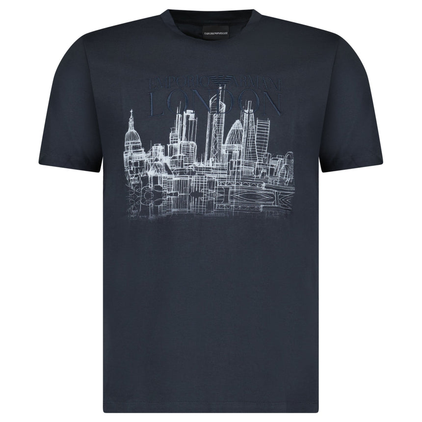 Armani London Skyline Graphic T-Shirt in Graphite Blue - Boinclo - Outlet Sale Under Retail