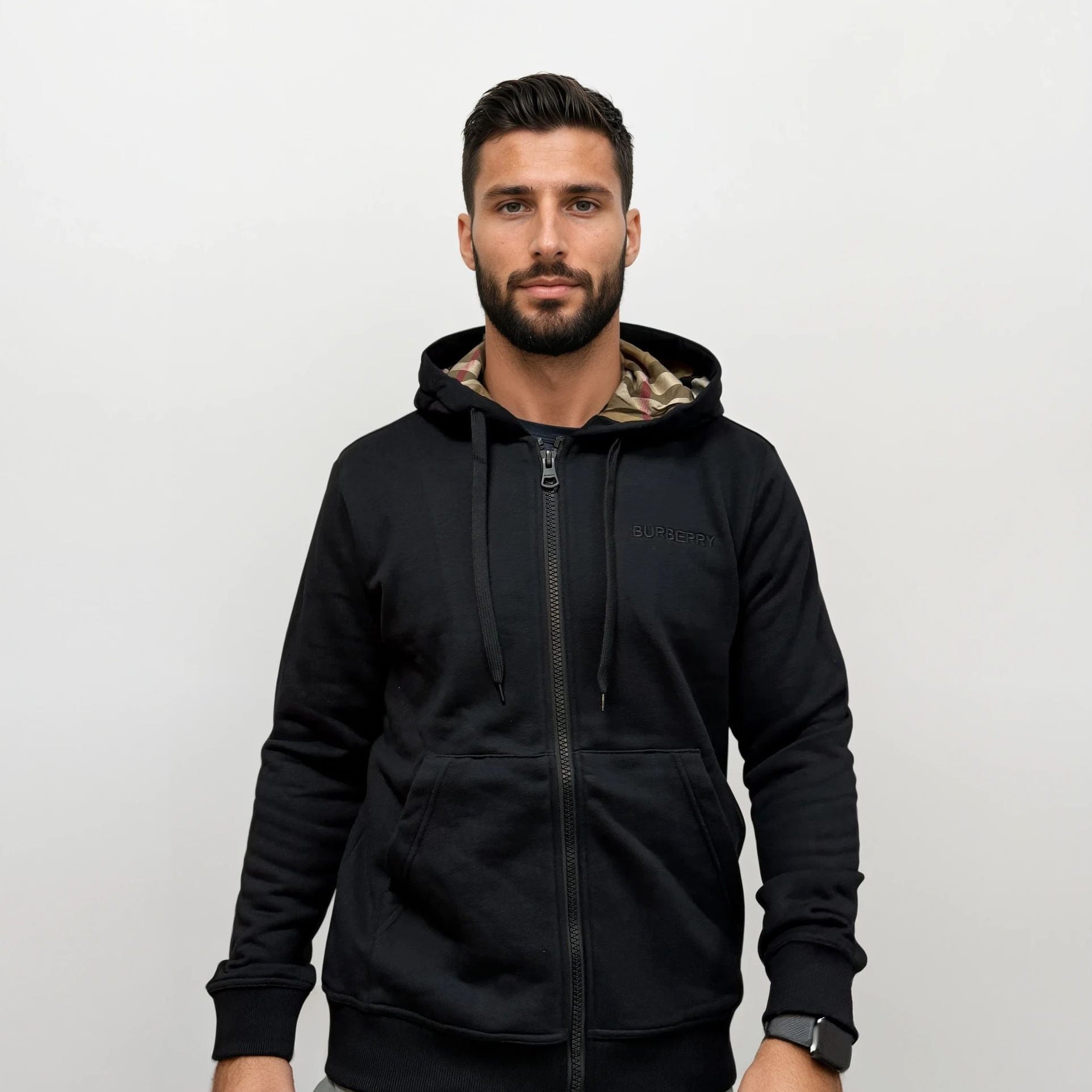 Burberry 'Hove' check Hood Embroidery Logo Hoodie Zip Sweatshirt