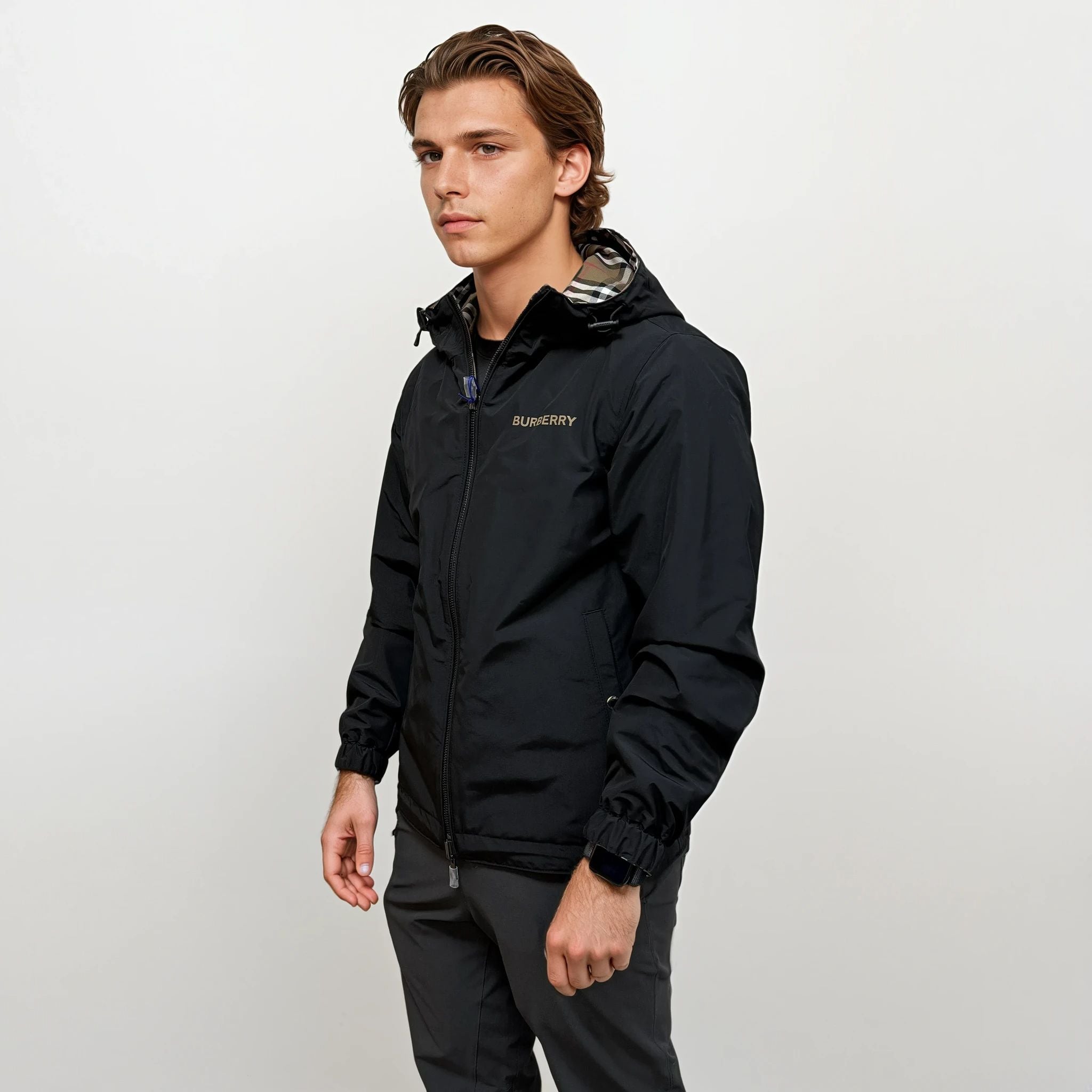 Burberry 'Stanford' Zip-Up Check Reversible Hooded Jacket Black