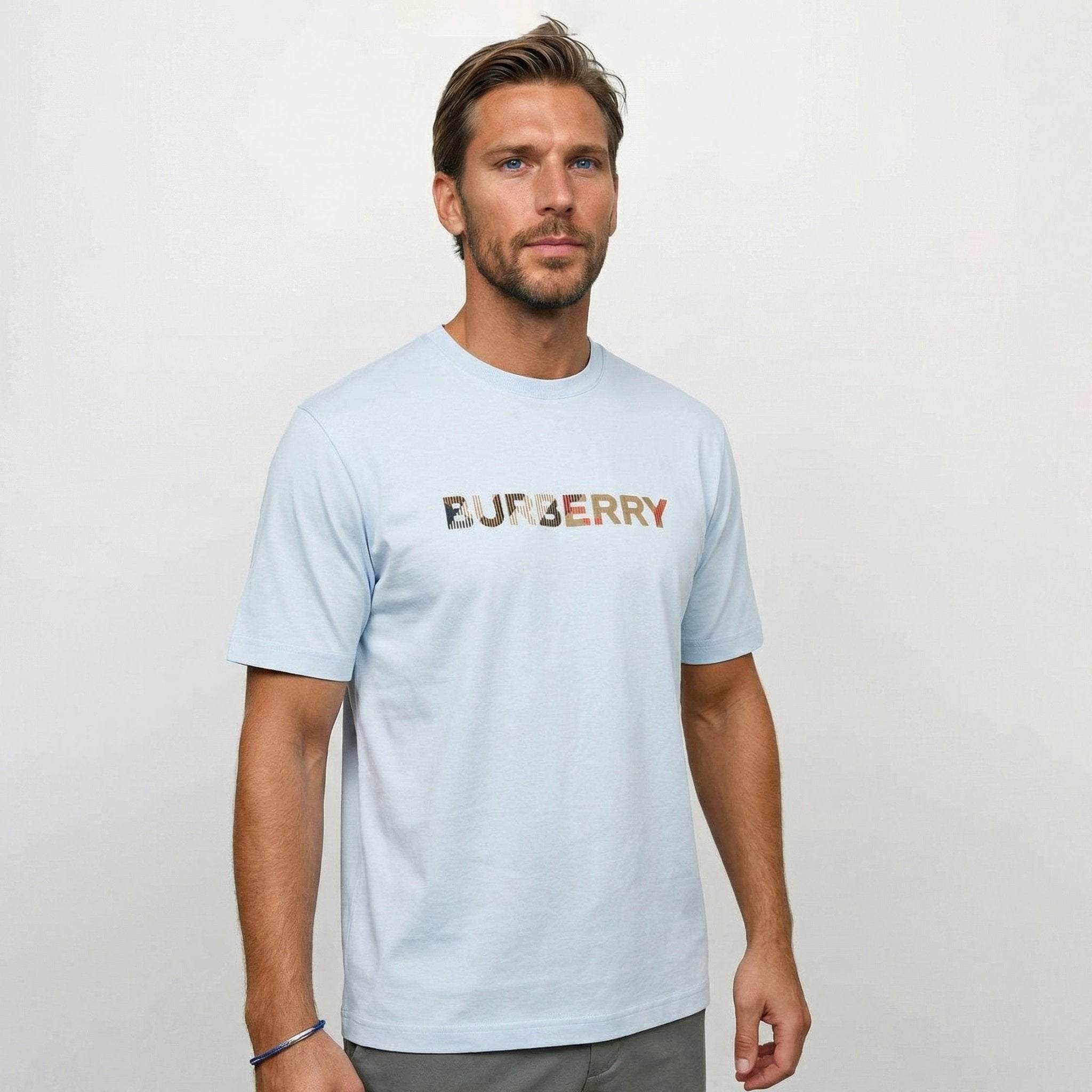 Burberry Check Logo Embroidered T-Shirt Light Blue - Outlet Sale
