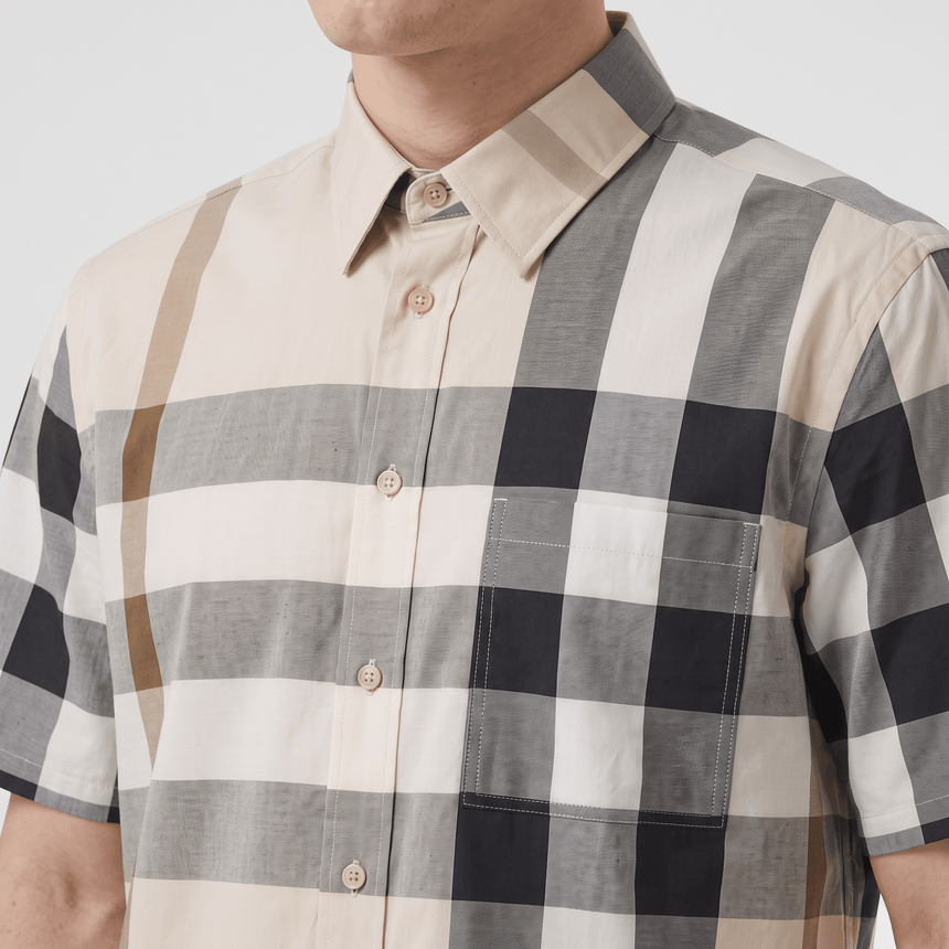 Burberry Claverdon Short-Sleeved Check Stretch Cotton Shirt in Modern Beige - Boinclo - Outlet Sale Under Retail