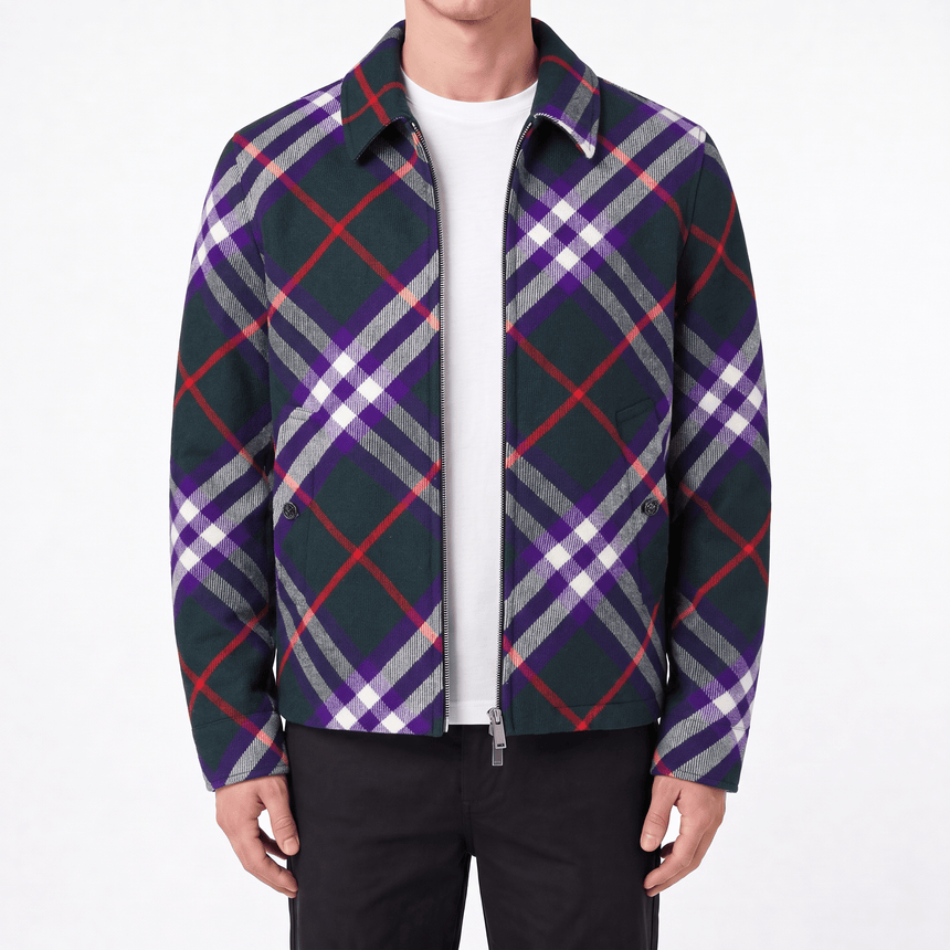 Burberry Claydon Check Wool Jacket in Dark Green and Purple Check - Boinclo - Outlet Sale Under Retail