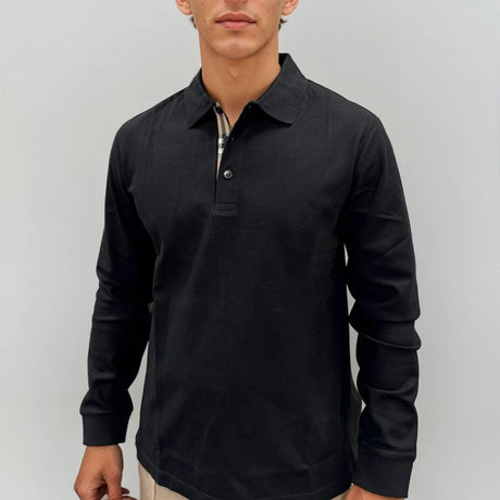 Burberry 'Hartford' Long Sleeved Check Placket Polo - Shirt Black - Boinclo - Outlet Sale Under Retail