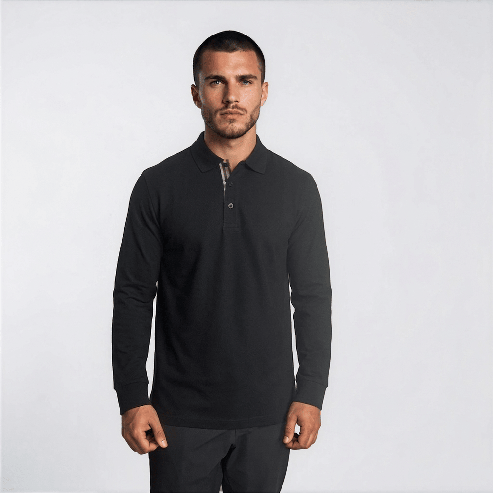 Burberry 'Hartford' Long Sleeved Check Placket Polo-Shirt Black Burberry 'Hartford' Long Sleeved Check Placket Polo-Shirt Black