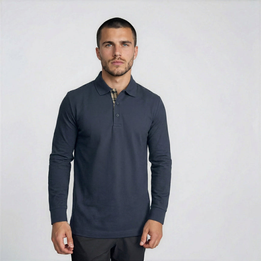 Burberry 'Hartford' Long Sleeved Check Placket Polo - Shirt Navy - Boinclo - Outlet Sale Under Retail
