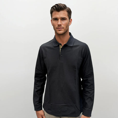 Burberry 'Hartford' Long Sleeved Check Placket Polo - Shirt Navy - Boinclo - Outlet Sale Under Retail