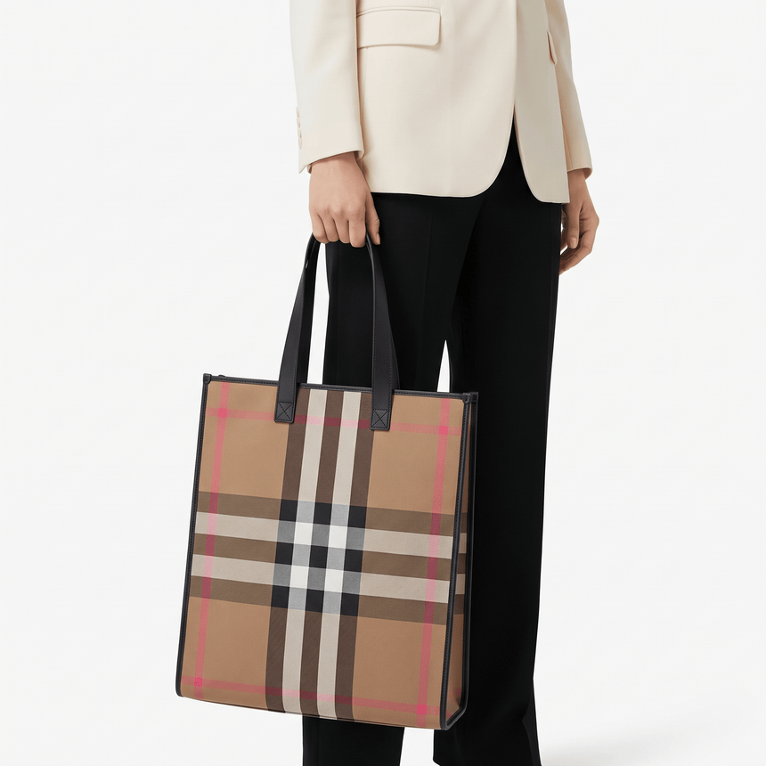 Burberry House Check Vertical Tote Bag in Taupe Brown - Boinclo - Outlet Sale Under Retail