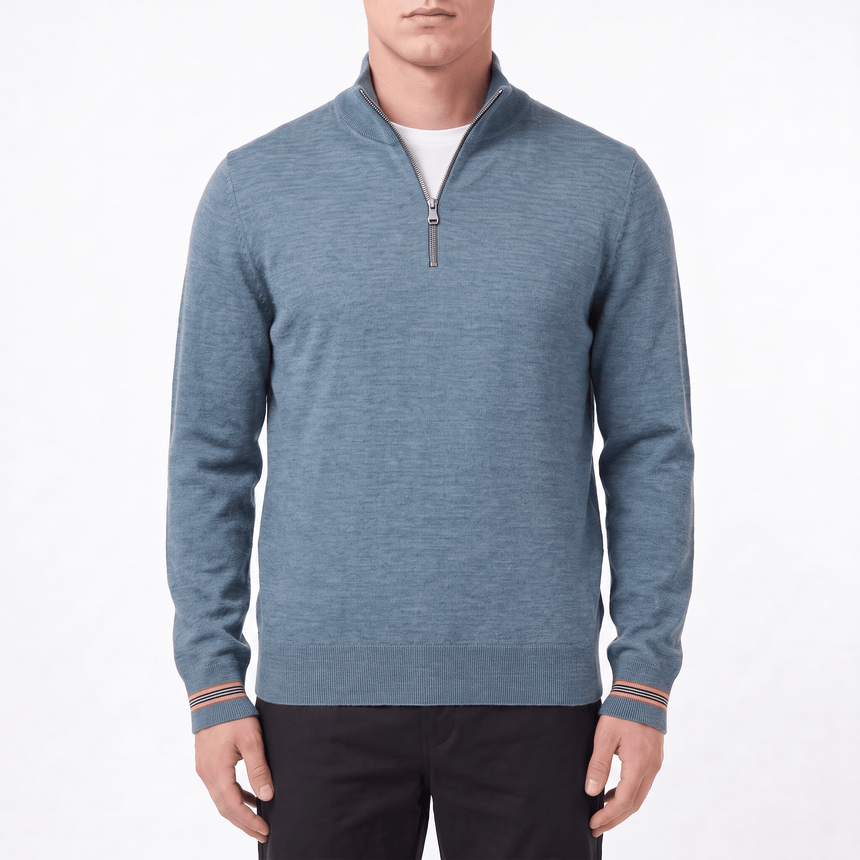 Burberry Icon Stripe Trim Wool Quarter-Zip Jumper in Seaspray Green Melange - Boinclo - Outlet Sale Under Retail