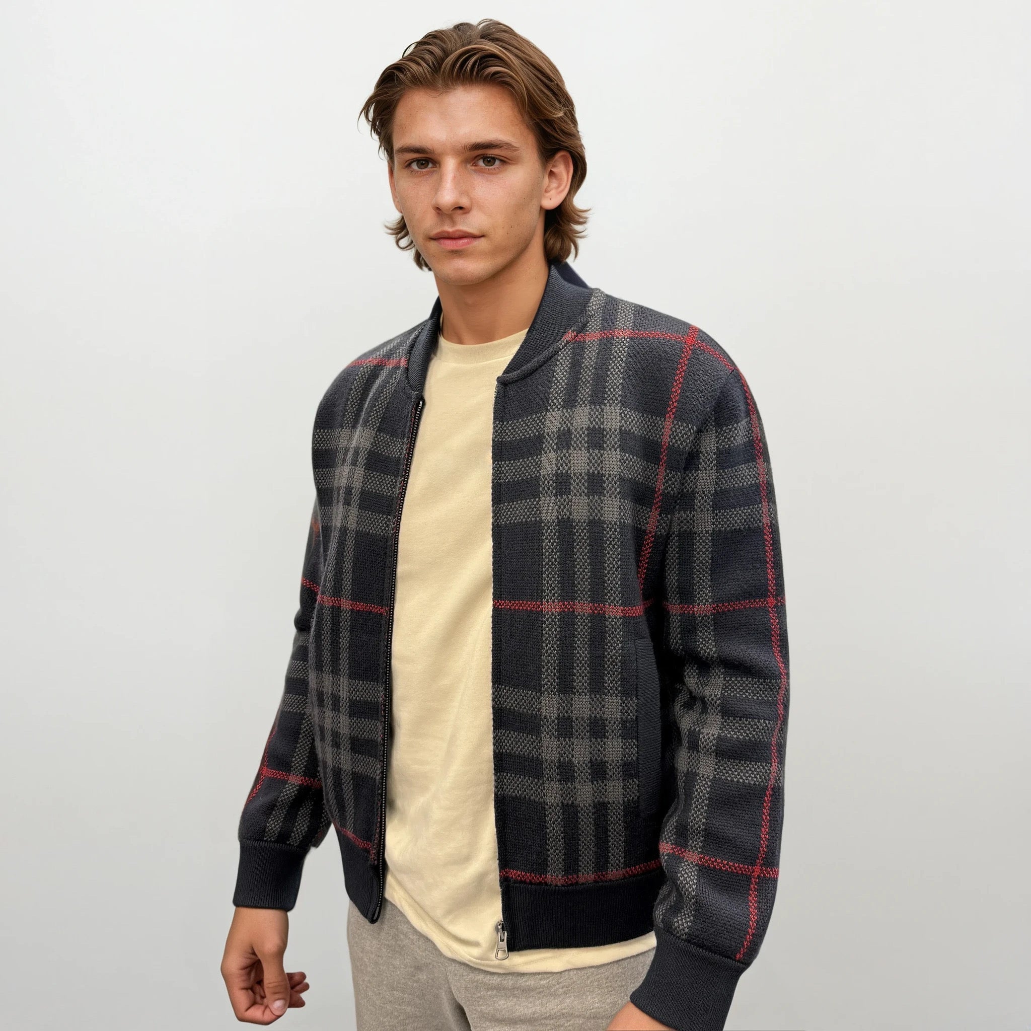 Burberry 'Morland' Knitted Wool Bomber Jacket Check Navy - Outlet