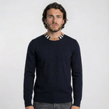 Burberry 'Noland' Knitted Wool/ Cashmere Jumper Check Neck Navy - Boinclo - Outlet Sale Under Retail