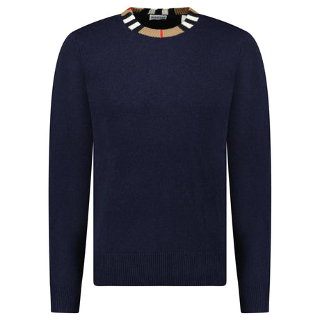 Burberry 'Noland' Knitted Wool/ Cashmere Jumper Check Neck Navy - Boinclo - Outlet Sale Under Retail
