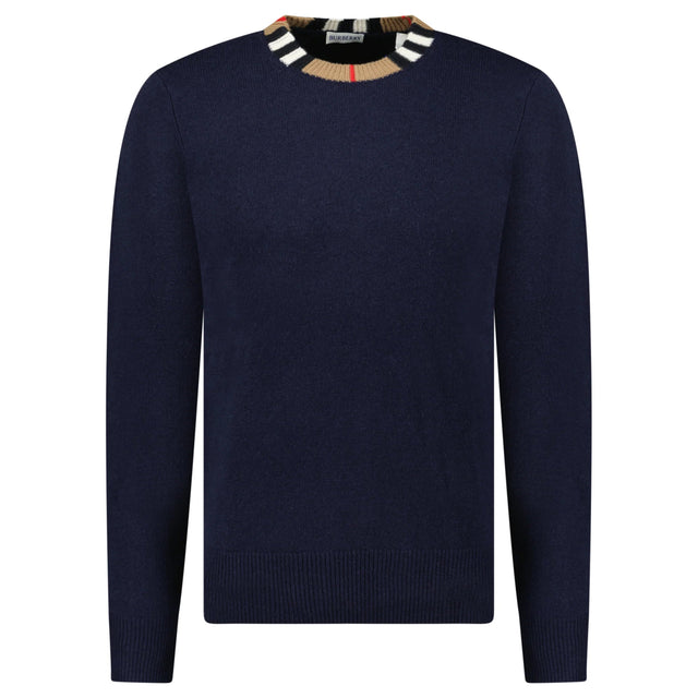 Burberry 'Noland' Knitted Wool/ Cashmere Jumper Check Neck Navy - Boinclo - Outlet Sale Under Retail