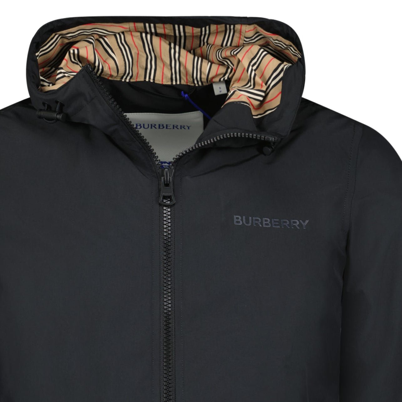 BURBERRY ストライプ ジップアップアウター Burberry 'Stanford' Zip-Up Stripe Hooded Jacket Black - Outlet