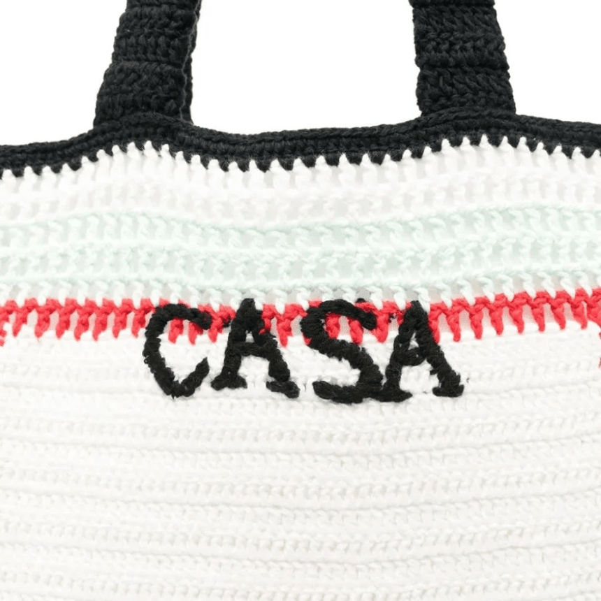 Casablanca Cotton Crochet Knit Tote Bag in White and Navy - Boinclo - Outlet Sale Under Retail