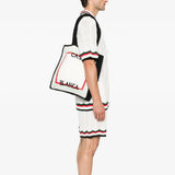 Casablanca Cotton Crochet Knit Tote Bag in White and Navy - Boinclo - Outlet Sale Under Retail