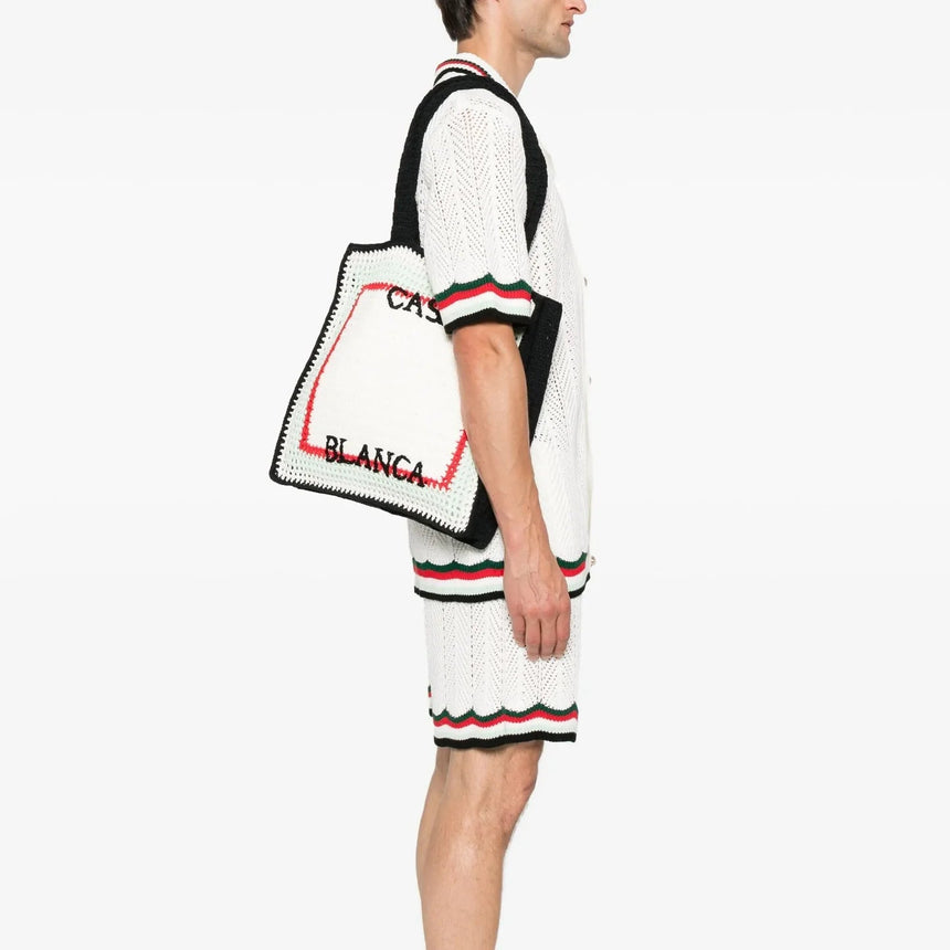 Casablanca Cotton Crochet Knit Tote Bag in White and Navy - Boinclo - Outlet Sale Under Retail