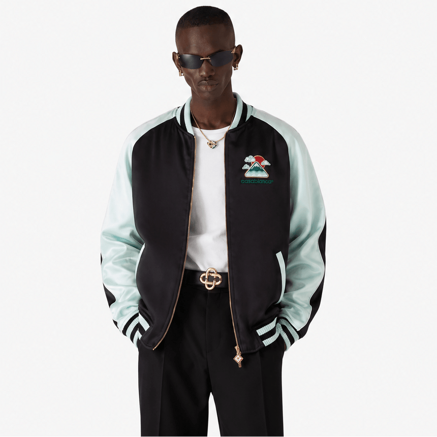 Casablanca Embroidered Satin Bomber Jacket in Mint and Black - Boinclo - Outlet Sale Under Retail