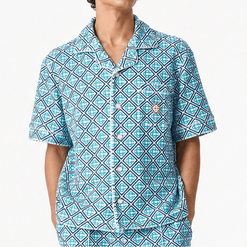 Casablanca Monogram Short Sleeve Towelling Shirt in Turquoise Green - Boinclo - Outlet Sale Under Retail