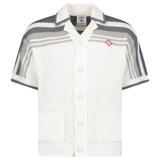 Casablanca Tennis Striped Crochet Short Sleeve Shirt in White/Grey - Boinclo - Outlet Sale Under Retail