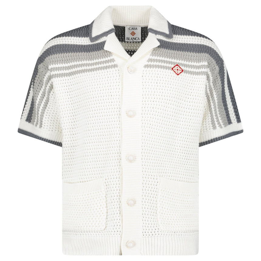 Casablanca Tennis Striped Crochet Short Sleeve Shirt in White/Grey - Boinclo - Outlet Sale Under Retail