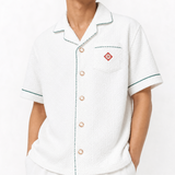 Casablanca White Towelling Monogram Short Sleeve Shirt with Green Piping - Boinclo - Outlet Sale Under Retail