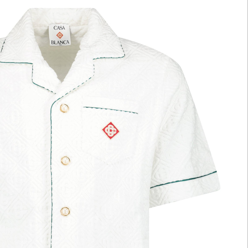Casablanca White Towelling Monogram Short Sleeve Shirt with Green Piping - Boinclo - Outlet Sale Under Retail