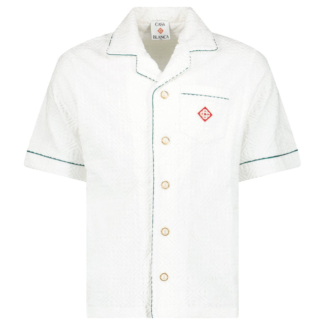 Casablanca White Towelling Monogram Short Sleeve Shirt with Green Piping - Boinclo - Outlet Sale Under Retail