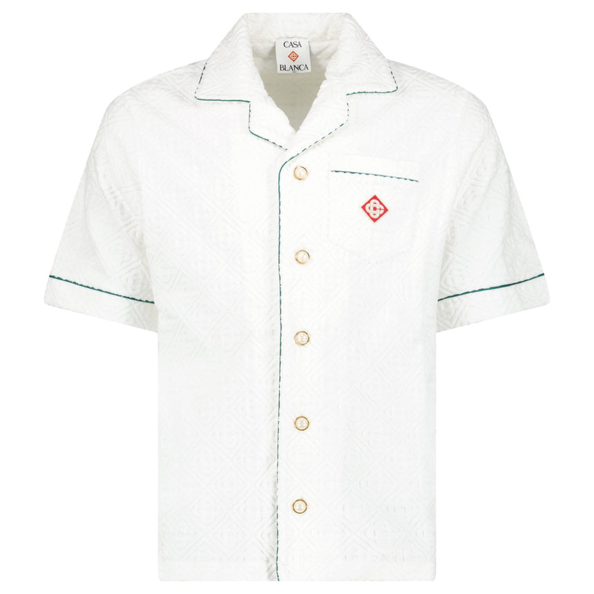 Casablanca White Towelling Monogram Short Sleeve Shirt with Green Piping - Boinclo - Outlet Sale Under Retail