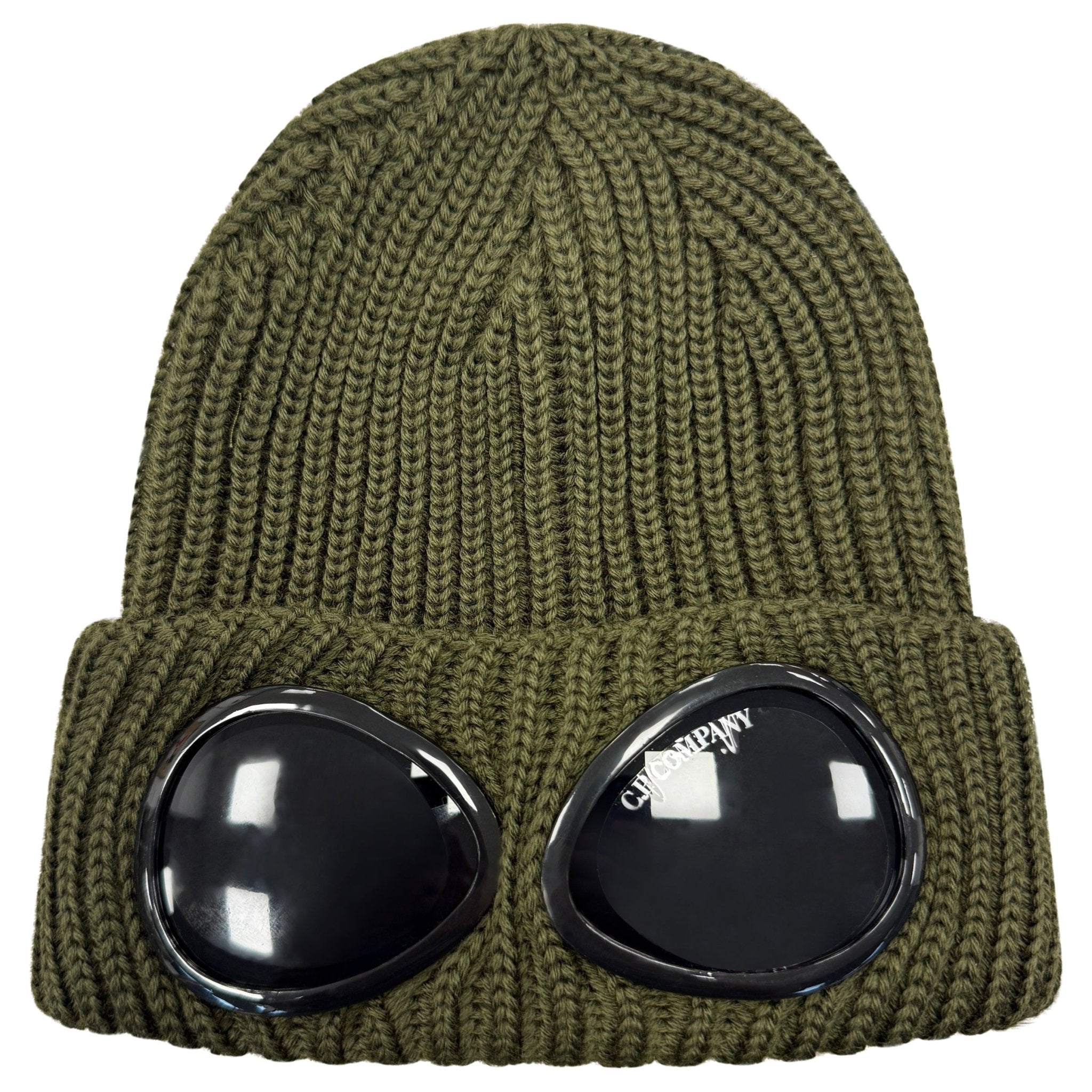 Color variation of CP Company Goggle Beanie Hat in Extra Fine Merino Wool Ivy Green