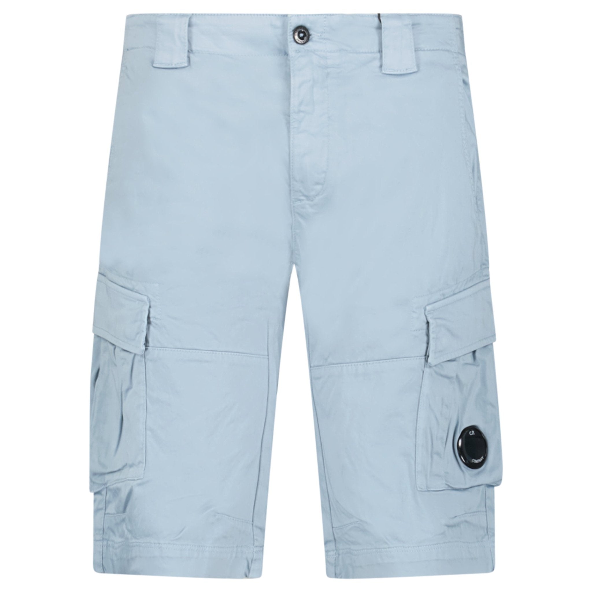 Color variation of CP Company Stretch Sateen Cargo Lens Shorts in Silver Blue