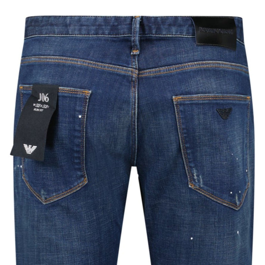 Emporio Armani J06 Slim Fit 5 Pocket Paint Splatter Jeans Blue - Boinclo - Outlet Sale Under Retail