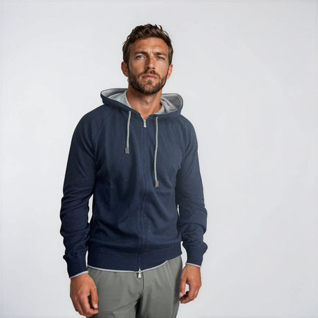 Gran Sasso Cotton - Cashmere Zip Hoodie in Navy - Boinclo - Outlet Sale Under Retail