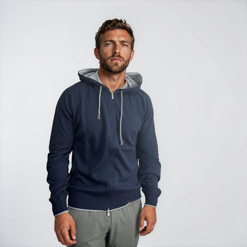 Gran Sasso Cotton - Cashmere Zip Hoodie in Navy - Boinclo - Outlet Sale Under Retail