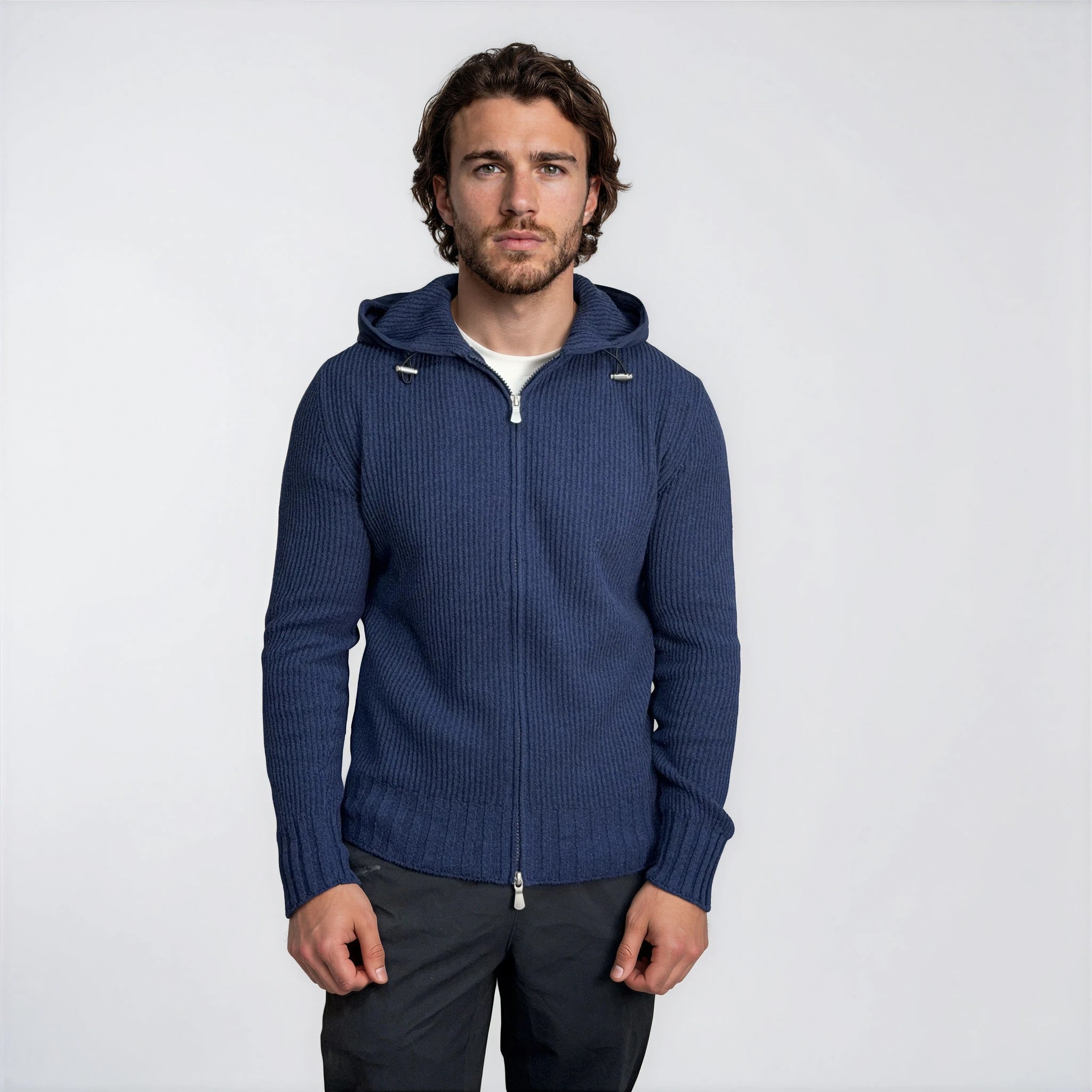 Gran Sasso Ribbed Zip-Up Hoodie in Navy - Outlet Sale Under Retail