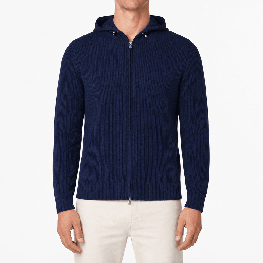 Gran Sasso Ribbed Zip-Up Hoodie in Navy - Boinclo - Outlet Sale Under Retail