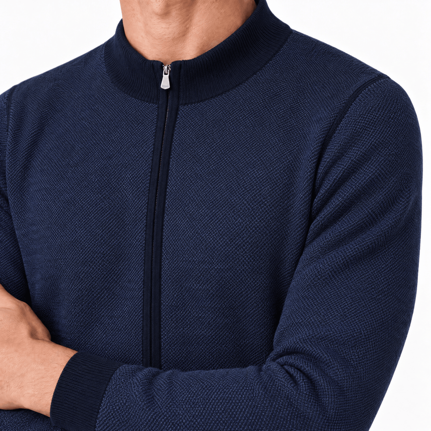 Gran Sasso Salt and Pepper Stitch Full-Zip Cardigan in Navy - Boinclo - Outlet Sale Under Retail